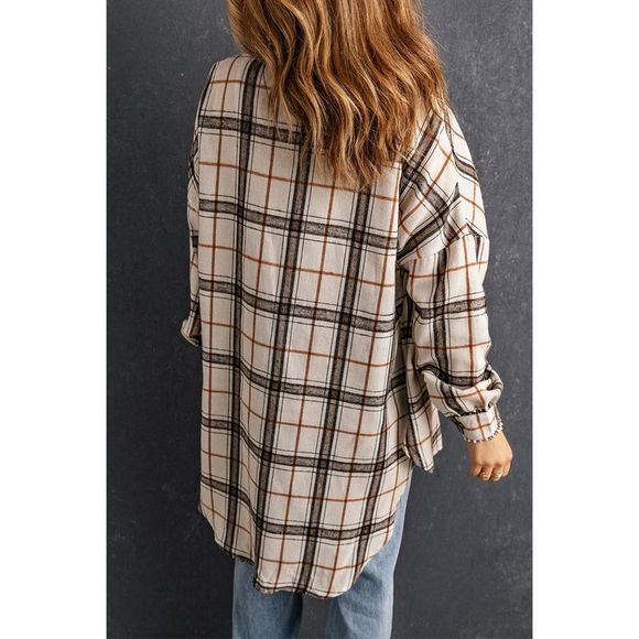 Azura Exchange  White Oversized Plaid Pattern Shacket with Slits - Picture 2 of 15